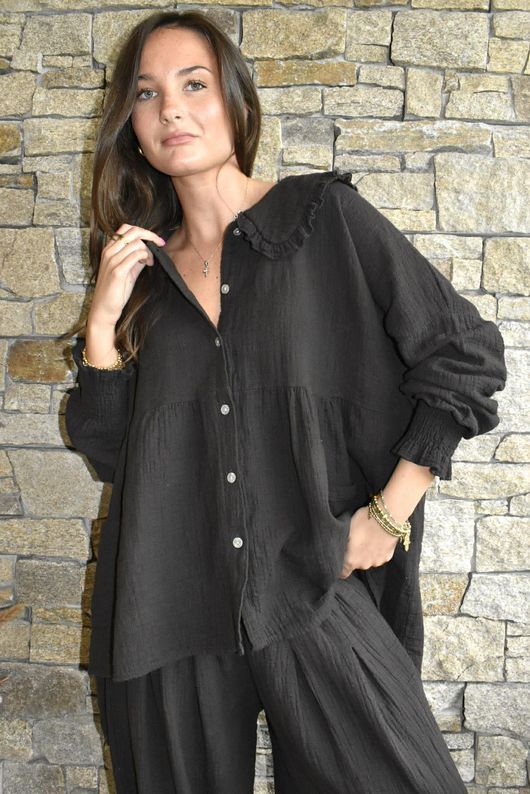 Annie Cushion Cotton Peter Pan Smock Blouse Chocolate
